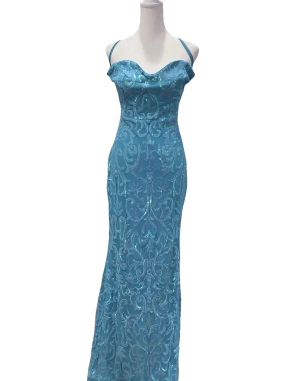 Aqua Blue Sequin Mermaid Gown Lace Up Back Formal Prom Dress Size XL - Picture 2 of 9